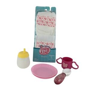 Baby Alive Diapers 6 pack Pink Plates Sippy Cup Yellow Bottle Medicine Spoon